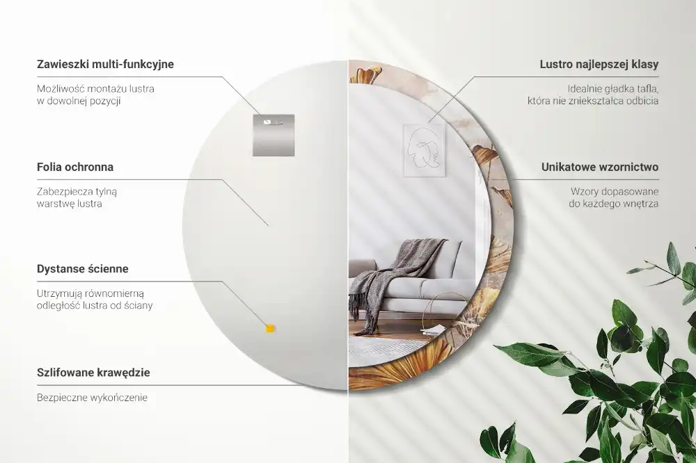 Spiegel mit bedrucktem Rahmen rund Boho-Blätter