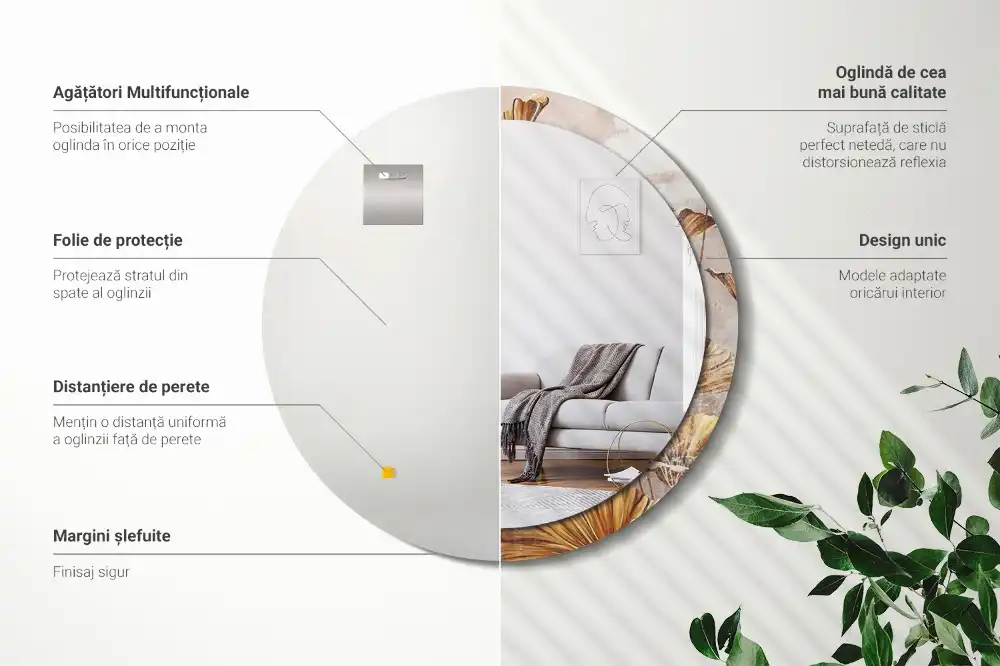 Spiegel mit bedrucktem Rahmen rund Boho-Blätter