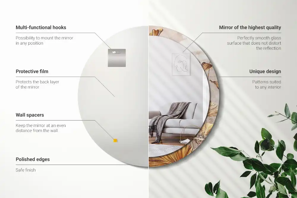 Spiegel mit bedrucktem Rahmen rund Boho-Blätter