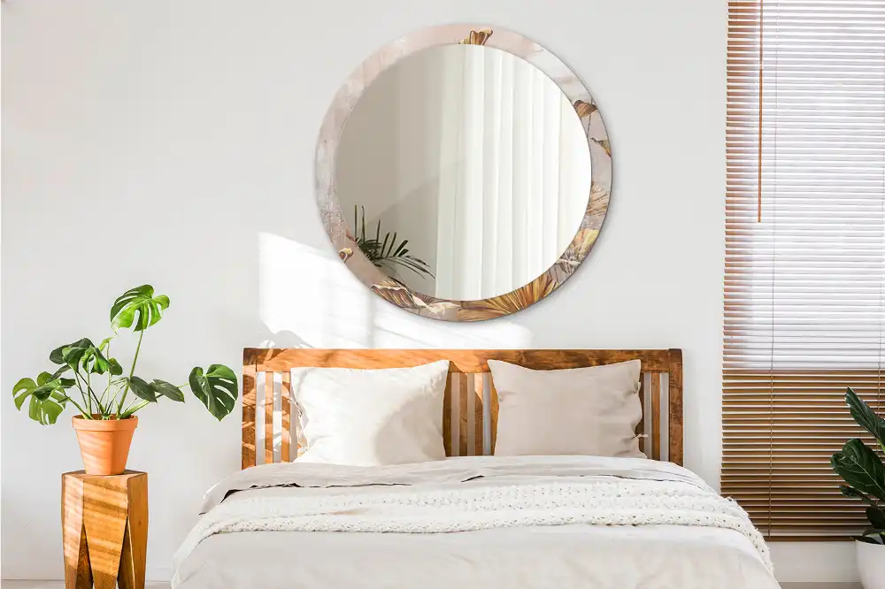 Spiegel mit bedrucktem Rahmen rund Boho-Blätter