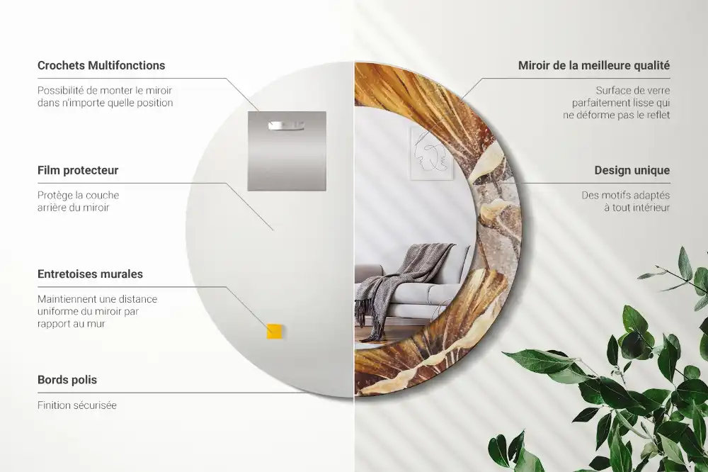 Spiegel mit bedrucktem Rahmen rund Boho-Blätter