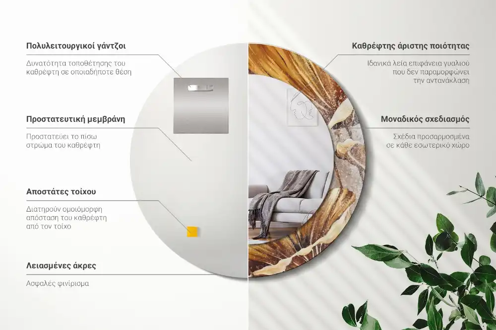 Spiegel mit bedrucktem Rahmen rund Boho-Blätter