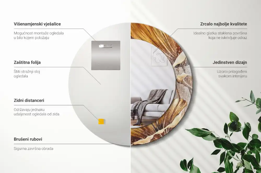 Spiegel mit bedrucktem Rahmen rund Boho-Blätter