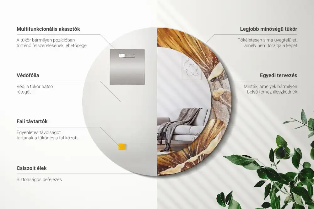 Spiegel mit bedrucktem Rahmen rund Boho-Blätter