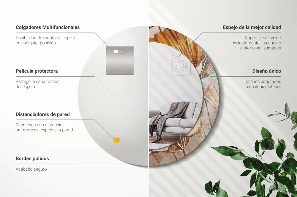 Spiegel mit bedrucktem Rahmen rund Boho-Blätter