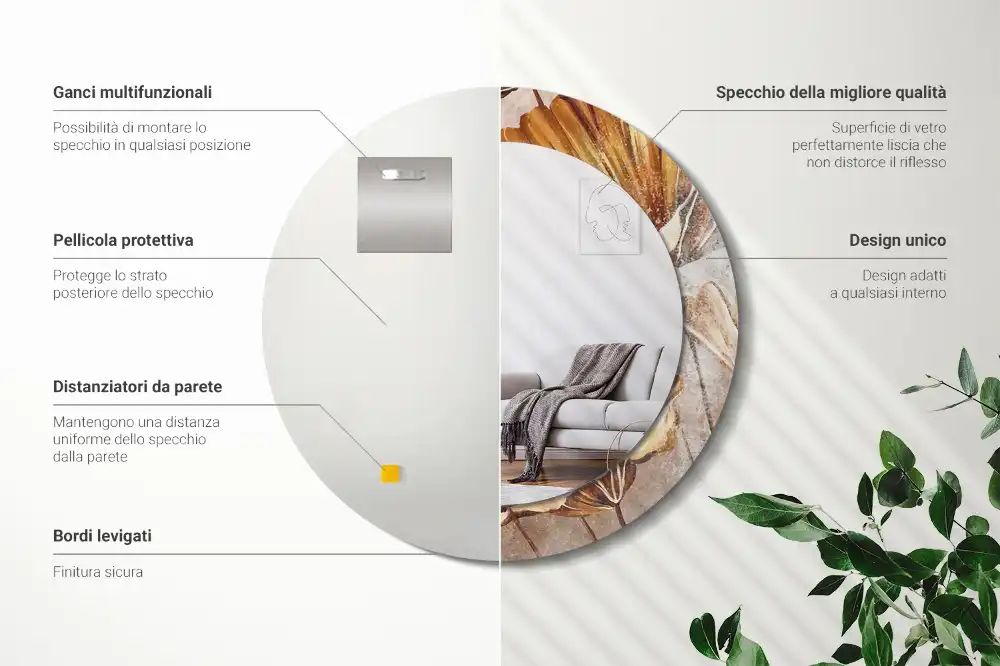 Spiegel mit bedrucktem Rahmen rund Boho-Blätter