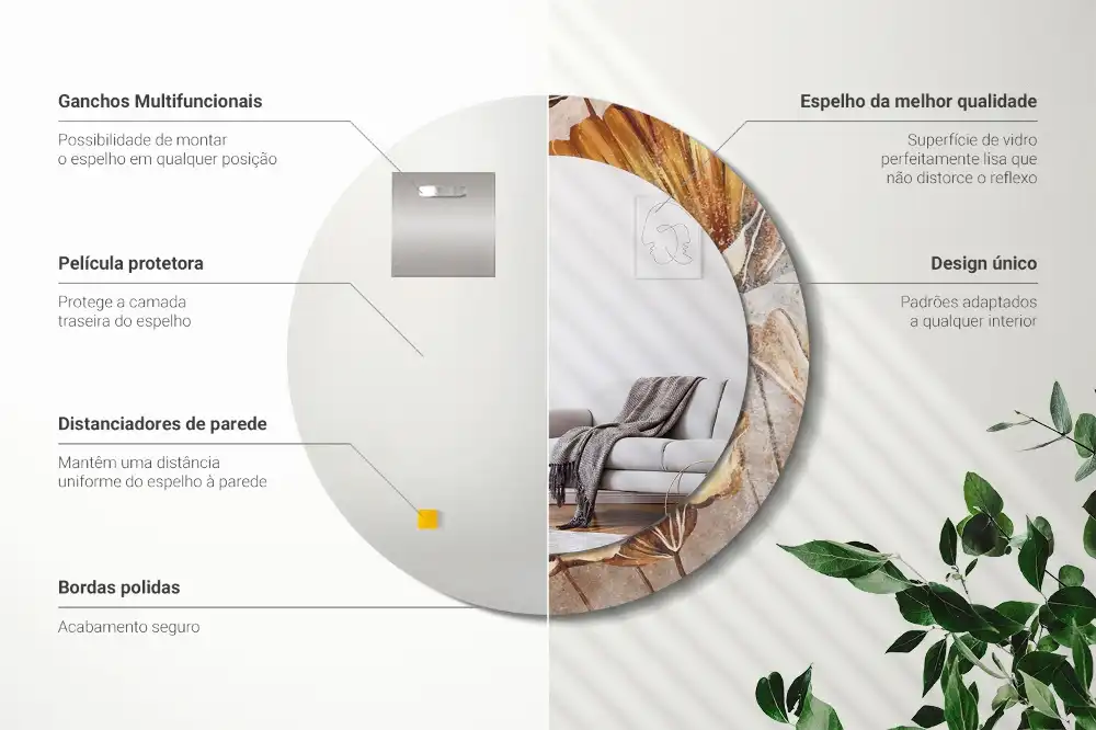 Spiegel mit bedrucktem Rahmen rund Boho-Blätter