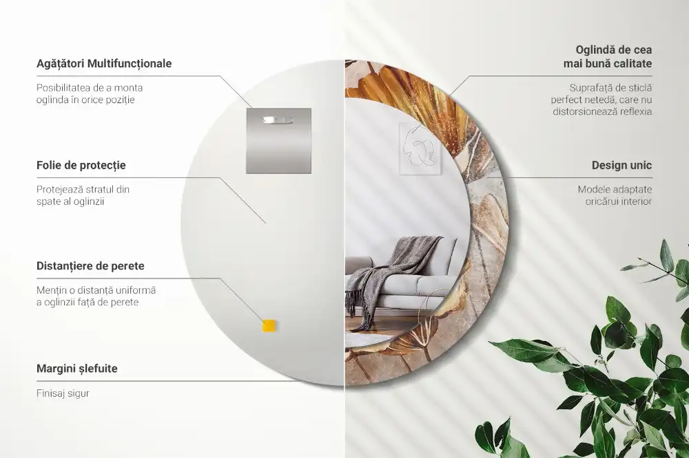 Spiegel mit bedrucktem Rahmen rund Boho-Blätter