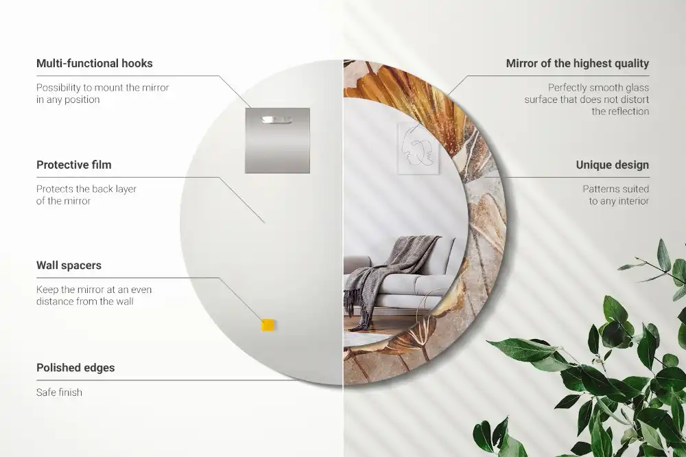 Spiegel mit bedrucktem Rahmen rund Boho-Blätter