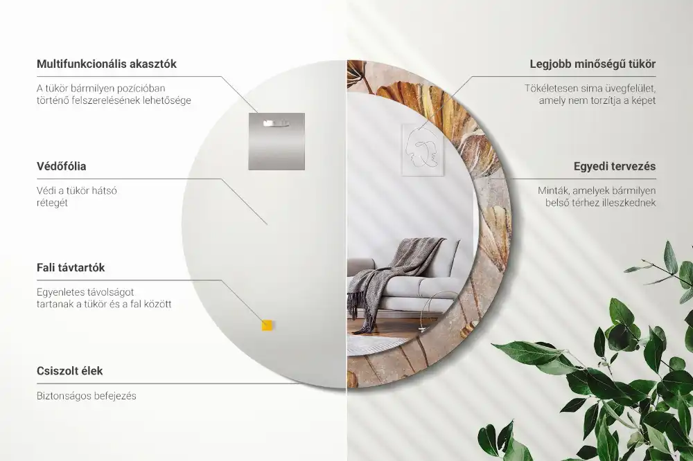 Spiegel mit bedrucktem Rahmen rund Boho-Blätter