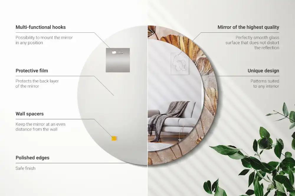 Spiegel mit bedrucktem Rahmen rund Boho-Blätter