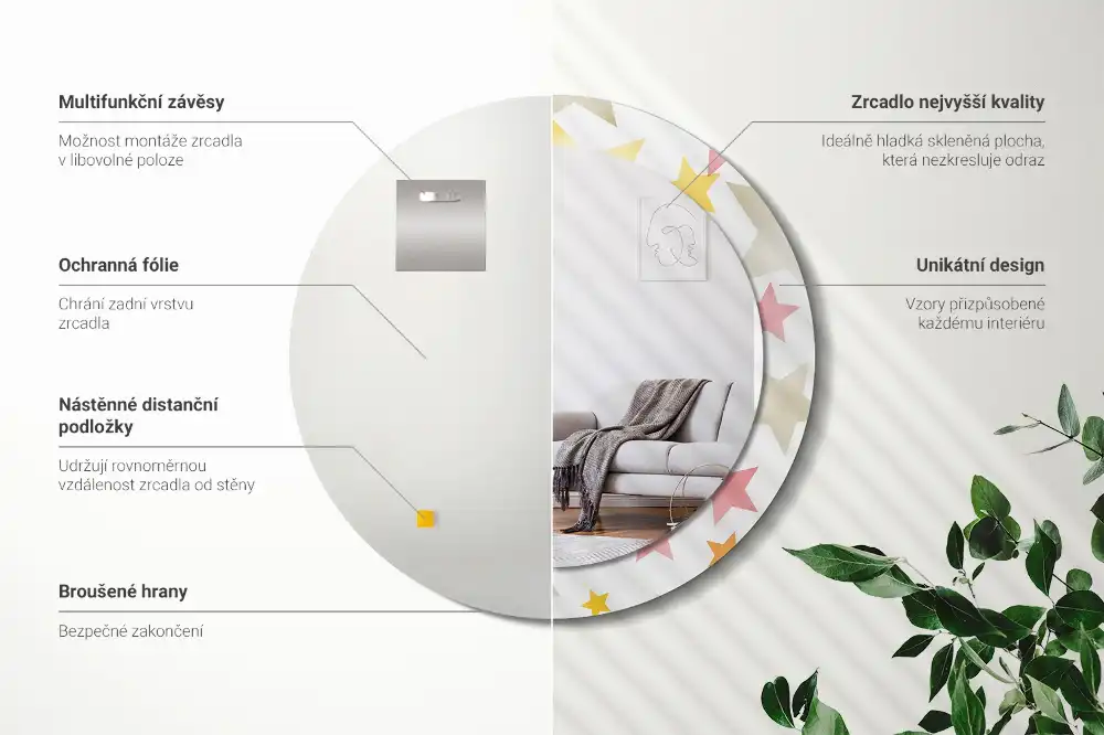 Spiegel mit bedrucktem Rahmen rund Pastellsterne