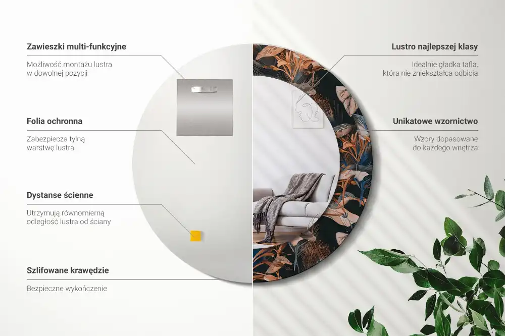 Spiegel mit bedrucktem Rahmen rund Dunkle tropische Blätter