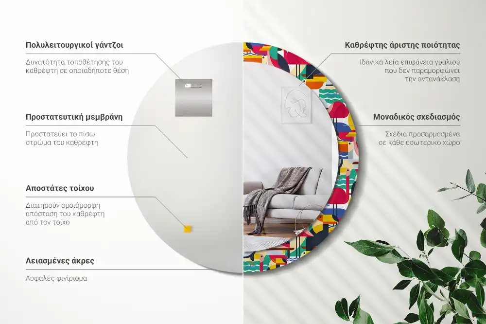 Spiegel mit bedrucktem Rahmen rund Geometrische tropische Vögel