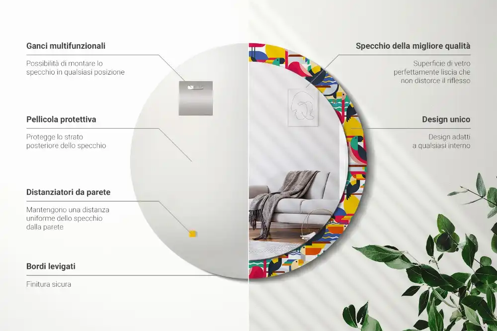 Spiegel mit bedrucktem Rahmen rund Geometrische tropische Vögel