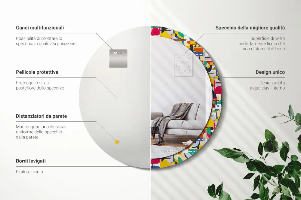 Spiegel mit bedrucktem Rahmen rund Geometrische tropische Vögel