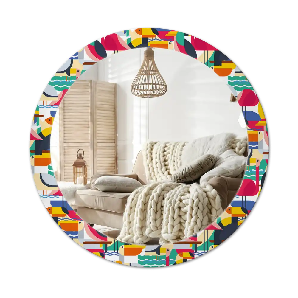 Spiegel mit bedrucktem Rahmen rund Geometrische tropische Vögel