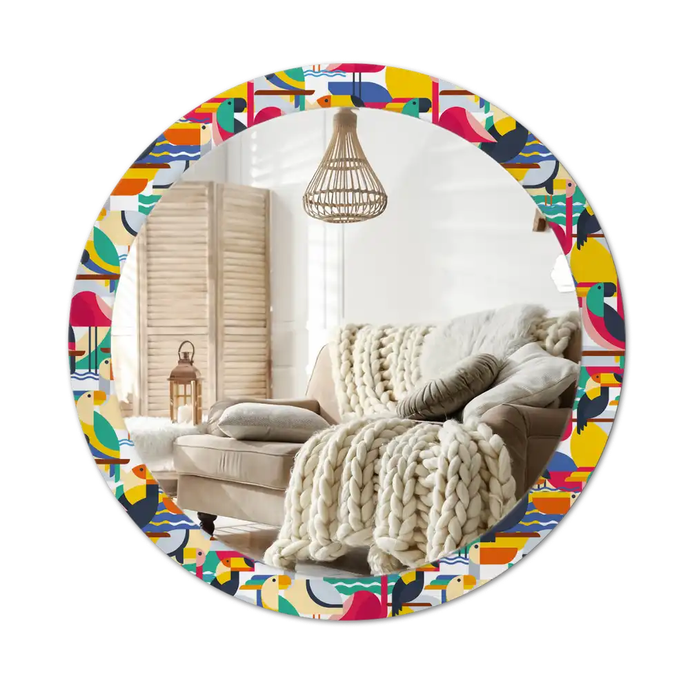 Spiegel mit bedrucktem Rahmen rund Geometrische tropische Vögel