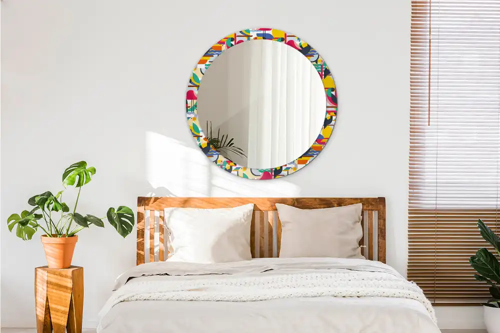 Spiegel mit bedrucktem Rahmen rund Geometrische tropische Vögel