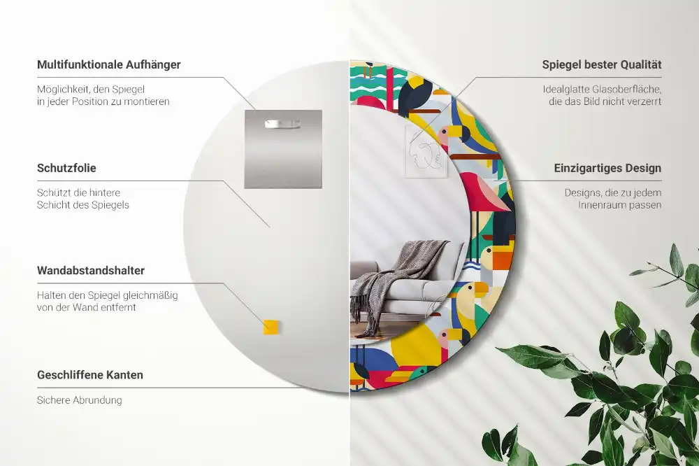 Spiegel mit bedrucktem Rahmen rund Geometrische tropische Vögel