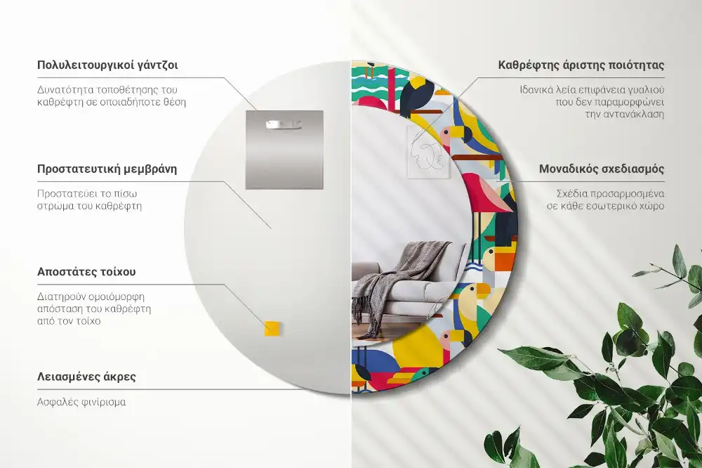 Spiegel mit bedrucktem Rahmen rund Geometrische tropische Vögel