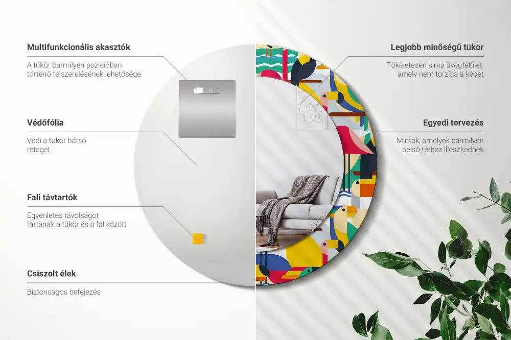 Spiegel mit bedrucktem Rahmen rund Geometrische tropische Vögel