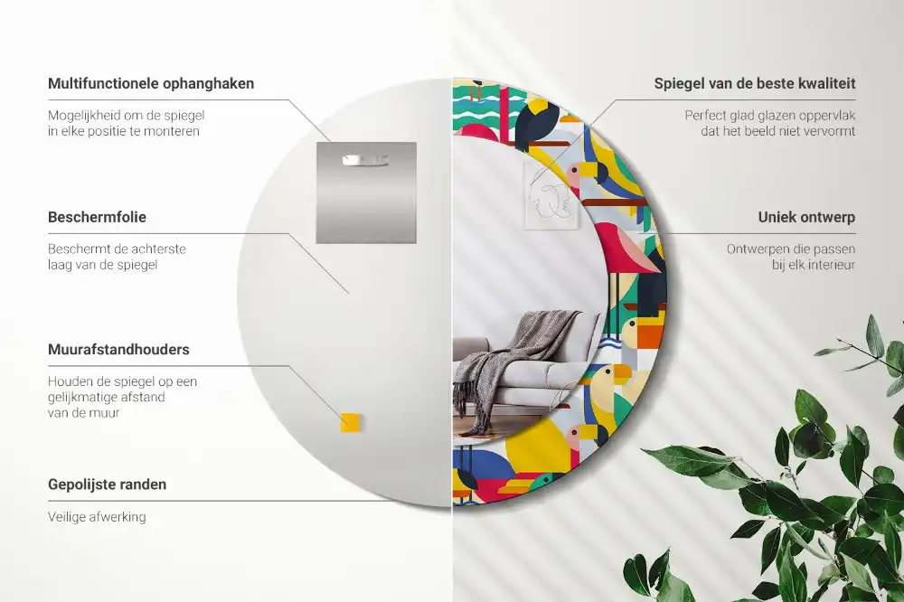 Spiegel mit bedrucktem Rahmen rund Geometrische tropische Vögel