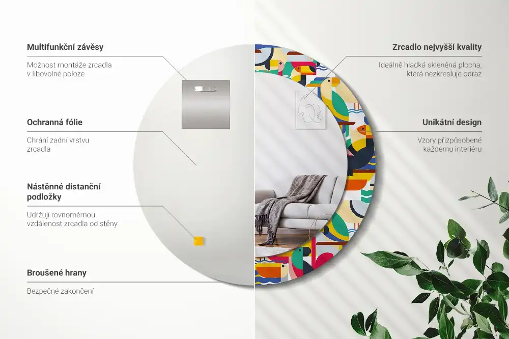 Spiegel mit bedrucktem Rahmen rund Geometrische tropische Vögel