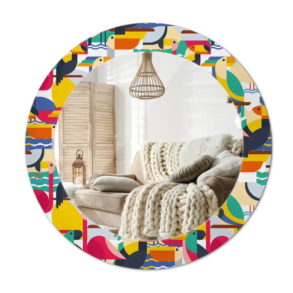 Spiegel mit bedrucktem Rahmen rund Geometrische tropische Vögel