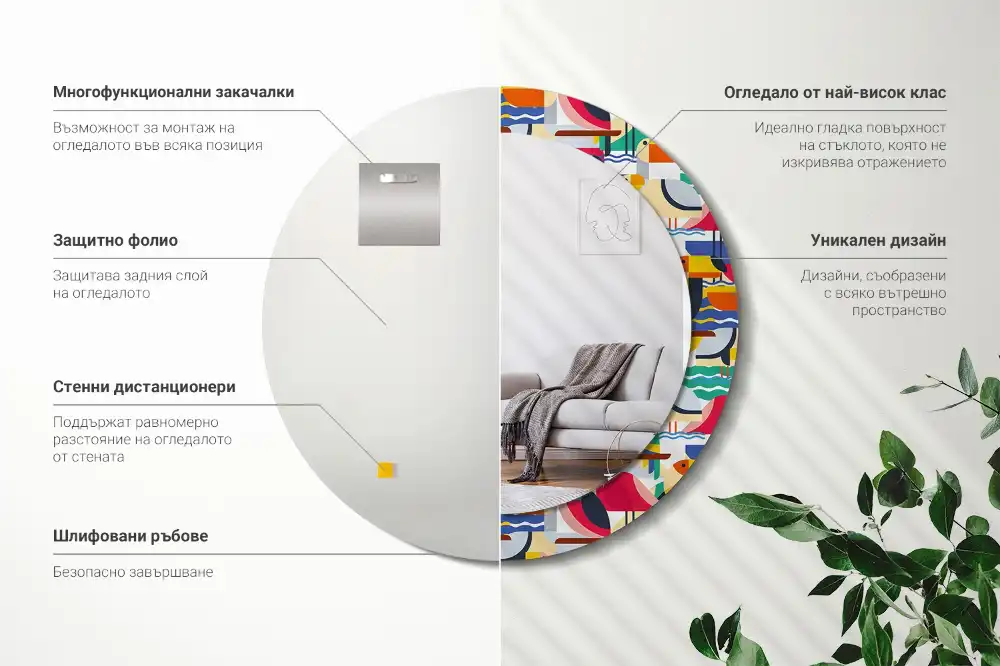 Spiegel mit bedrucktem Rahmen rund Geometrische tropische Vögel