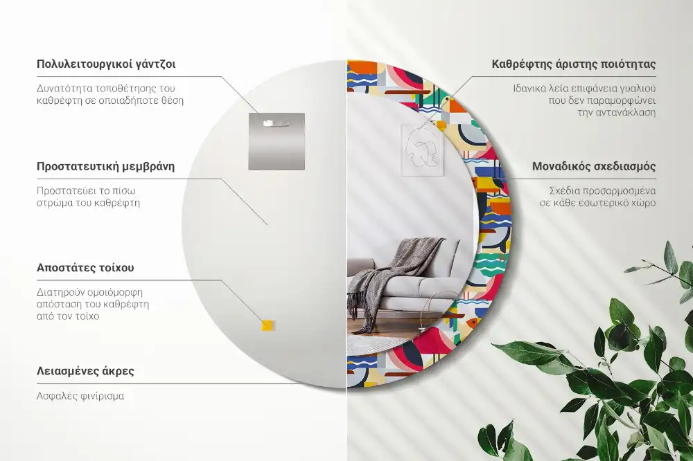 Spiegel mit bedrucktem Rahmen rund Geometrische tropische Vögel