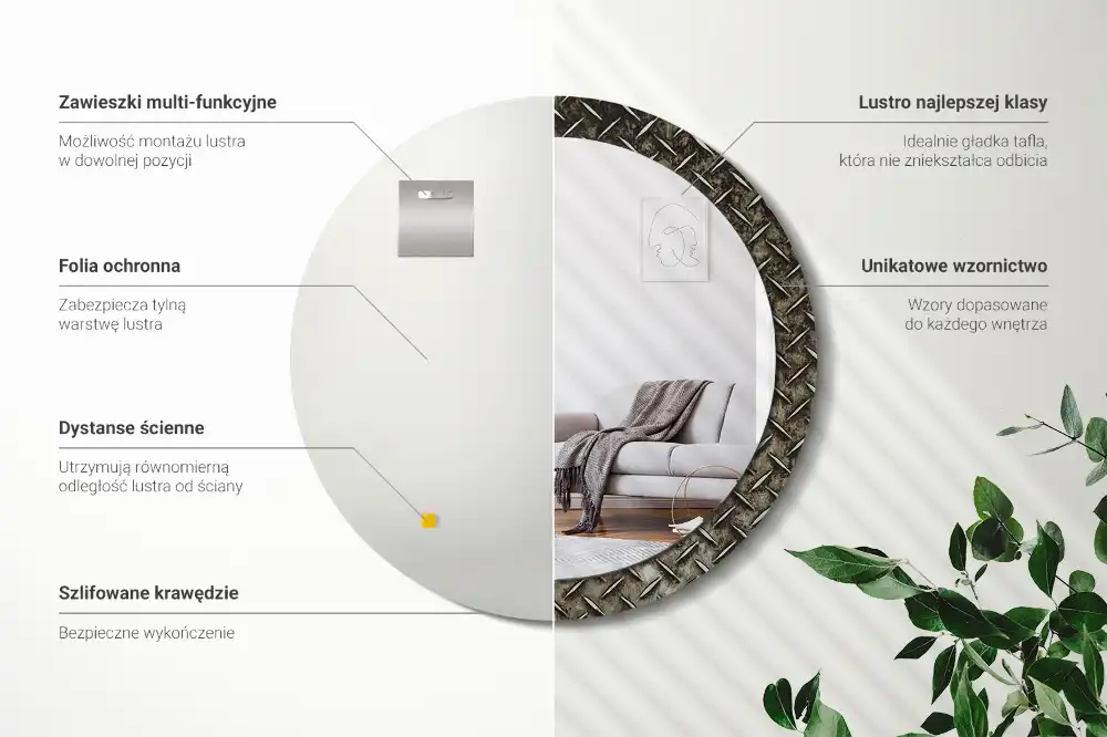 Spiegel mit bedrucktem Rahmen rund Stahlstruktur