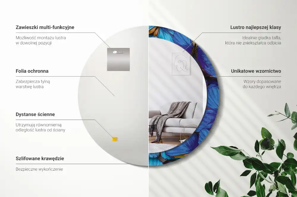 Spiegel mit bedrucktem Rahmen rund Blauer und grüner Schmetterling