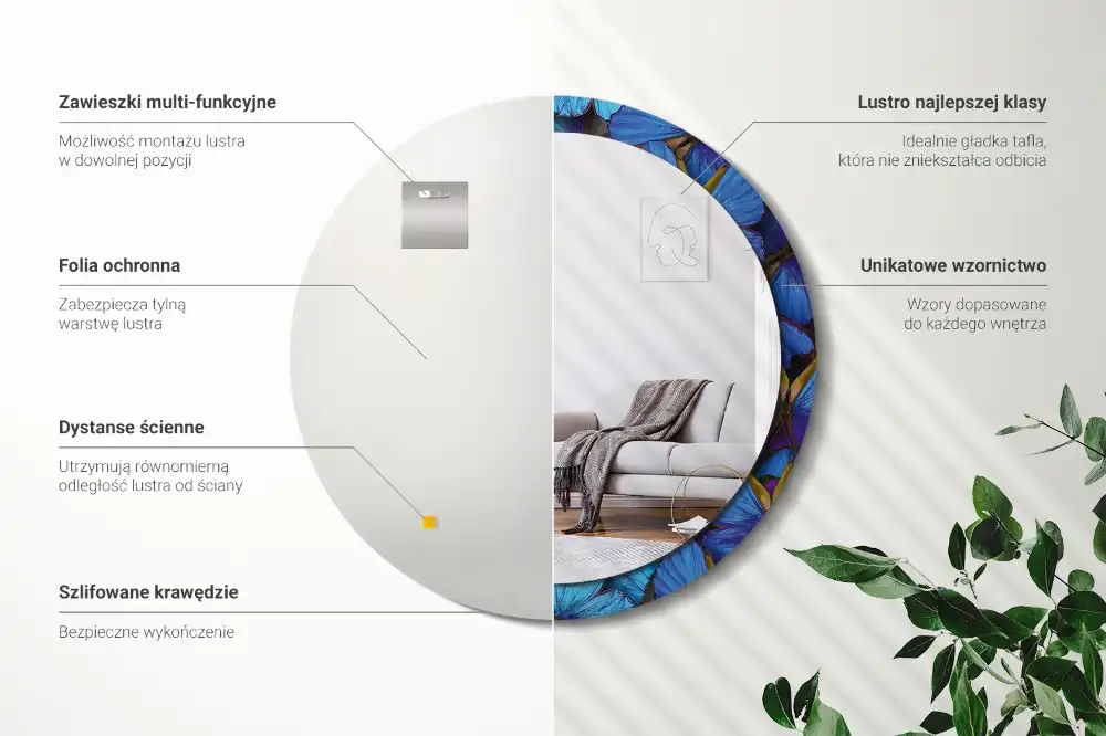 Spiegel mit bedrucktem Rahmen rund Blauer und grüner Schmetterling