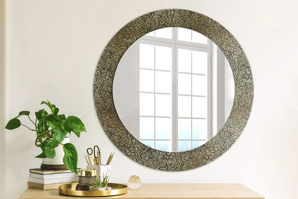 Spiegel mit bedrucktem Rahmen rund Blumenornament