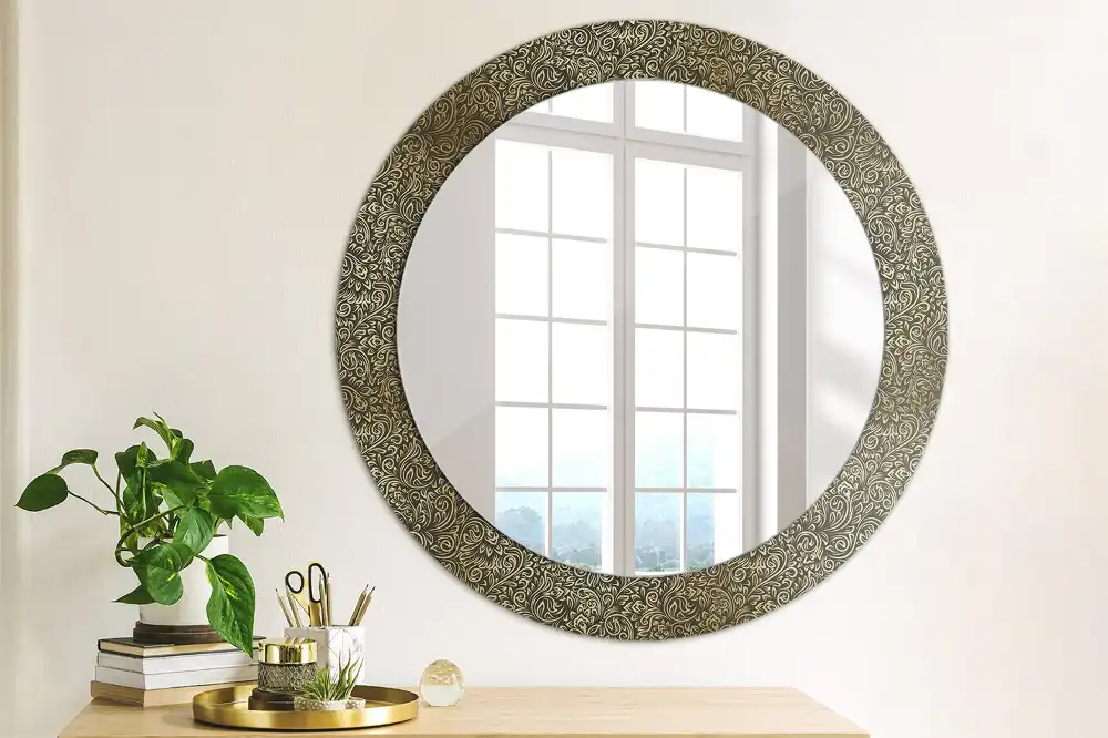 Spiegel mit bedrucktem Rahmen rund Blumenornament