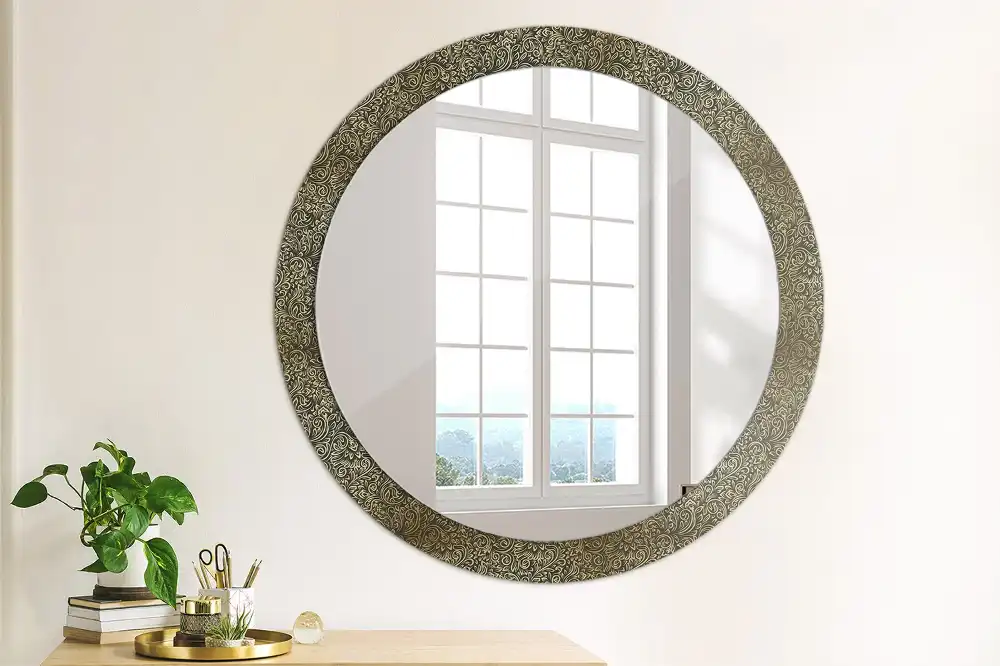 Spiegel mit bedrucktem Rahmen rund Blumenornament