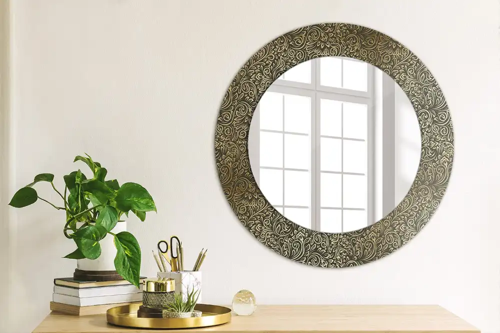 Spiegel mit bedrucktem Rahmen rund Blumenornament