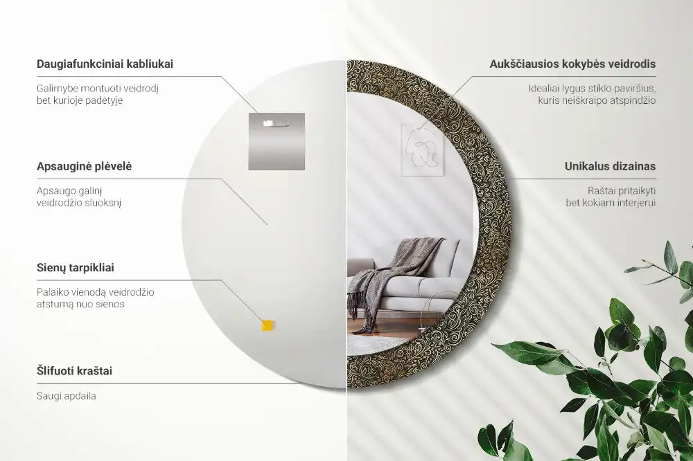 Spiegel mit bedrucktem Rahmen rund Blumenornament