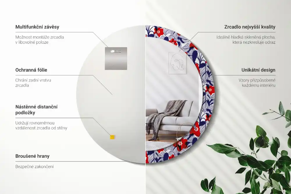 Spiegel mit bedrucktem Rahmen rund Philodendren