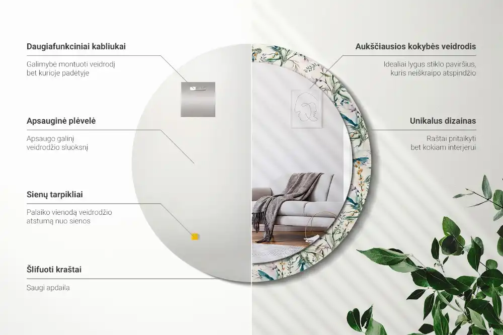 Spiegel mit bedrucktem Rahmen rund Aquarellblumen