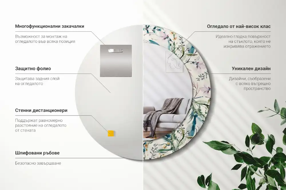 Spiegel mit bedrucktem Rahmen rund Aquarellblumen