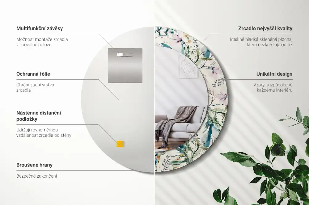 Spiegel mit bedrucktem Rahmen rund Aquarellblumen