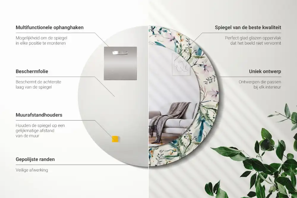 Spiegel mit bedrucktem Rahmen rund Aquarellblumen