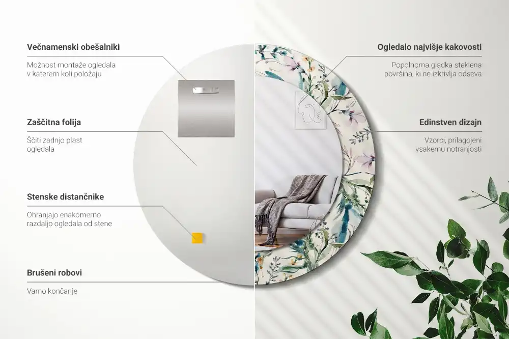 Spiegel mit bedrucktem Rahmen rund Aquarellblumen