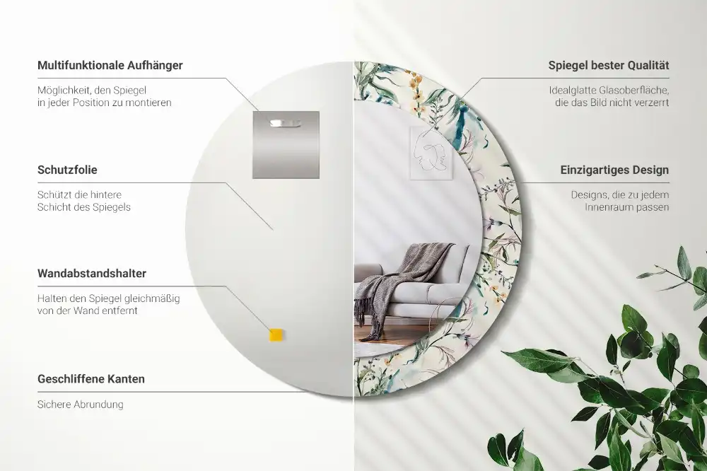 Spiegel mit bedrucktem Rahmen rund Aquarellblumen