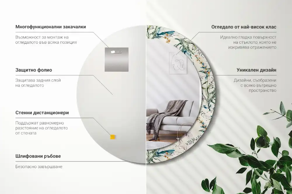 Spiegel mit bedrucktem Rahmen rund Aquarellblumen