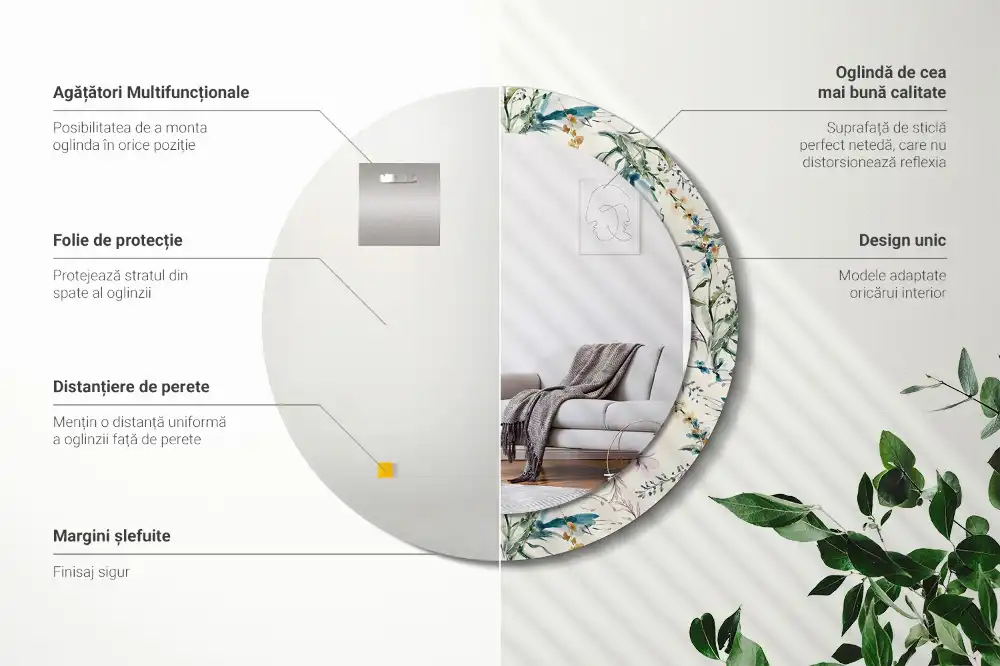 Spiegel mit bedrucktem Rahmen rund Aquarellblumen