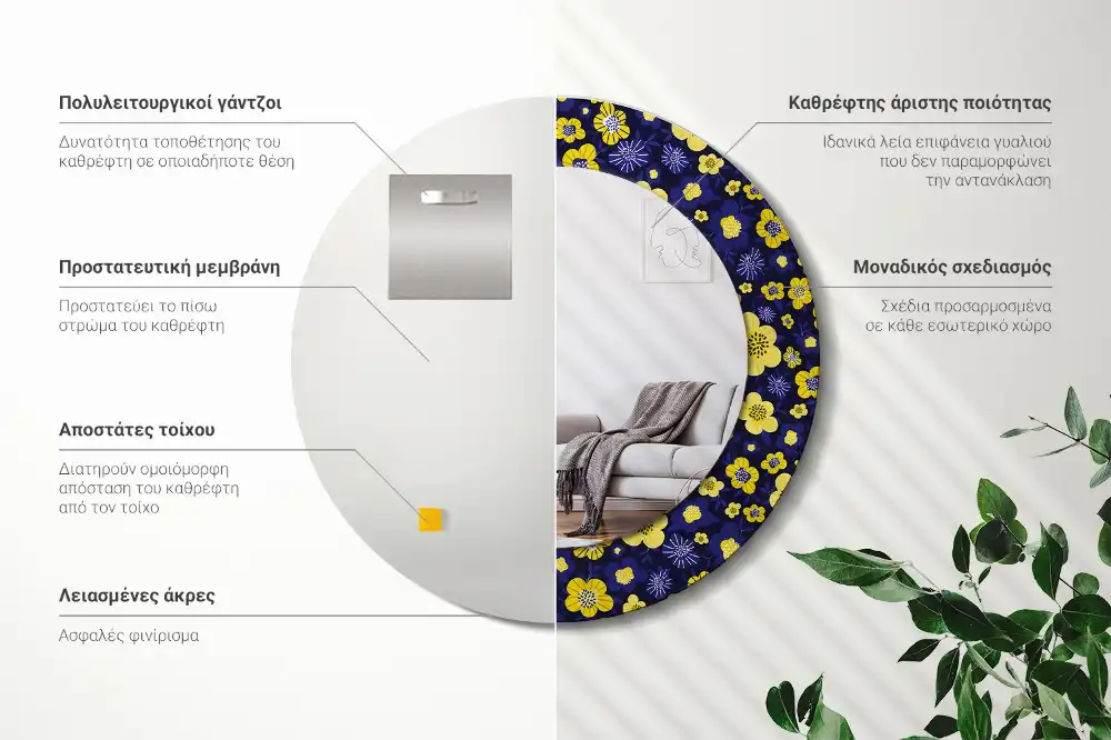 Spiegel mit bedrucktem Rahmen rund Kleine Blümchen