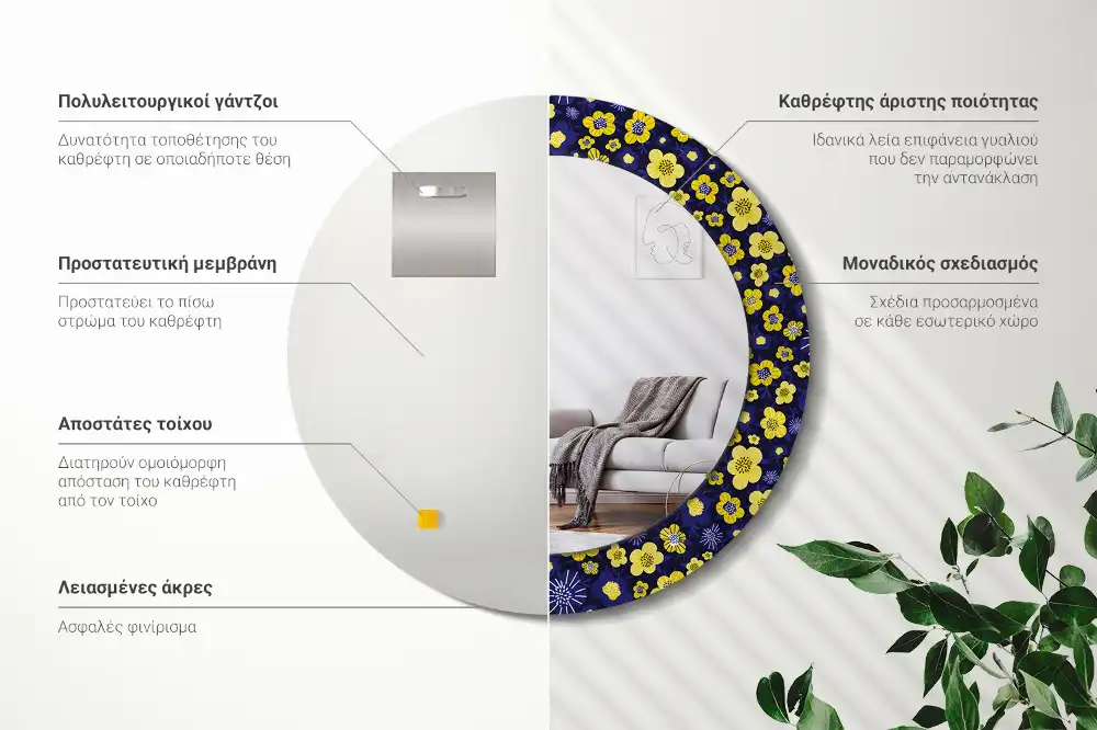 Spiegel mit bedrucktem Rahmen rund Kleine Blümchen